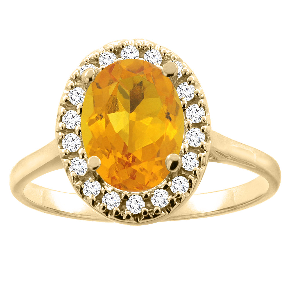 14K Gold Natural Citrine Halo Ring Oval 9x7mm Diamond Accent, sizes 5 - 10