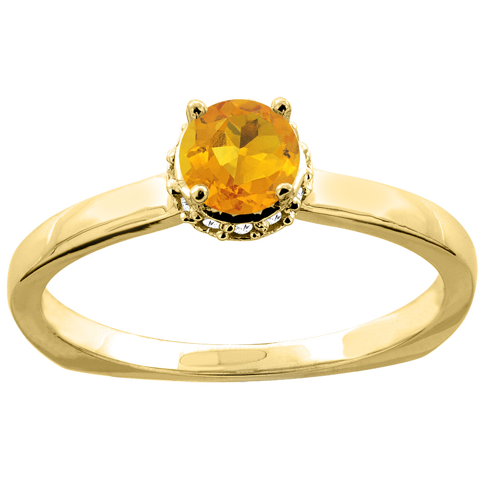 10K Yellow Gold Natural Citrine Solitaire Engagement Ring Round 4mm Diamond Accents, size 7.5