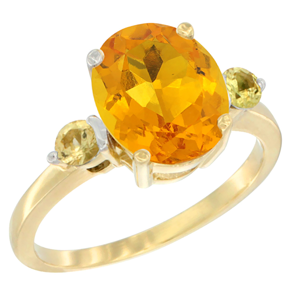 10K Yellow Gold 10x8mm Oval Natural Citrine Ring for Women Yellow Sapphire Side-stones sizes 5 - 10