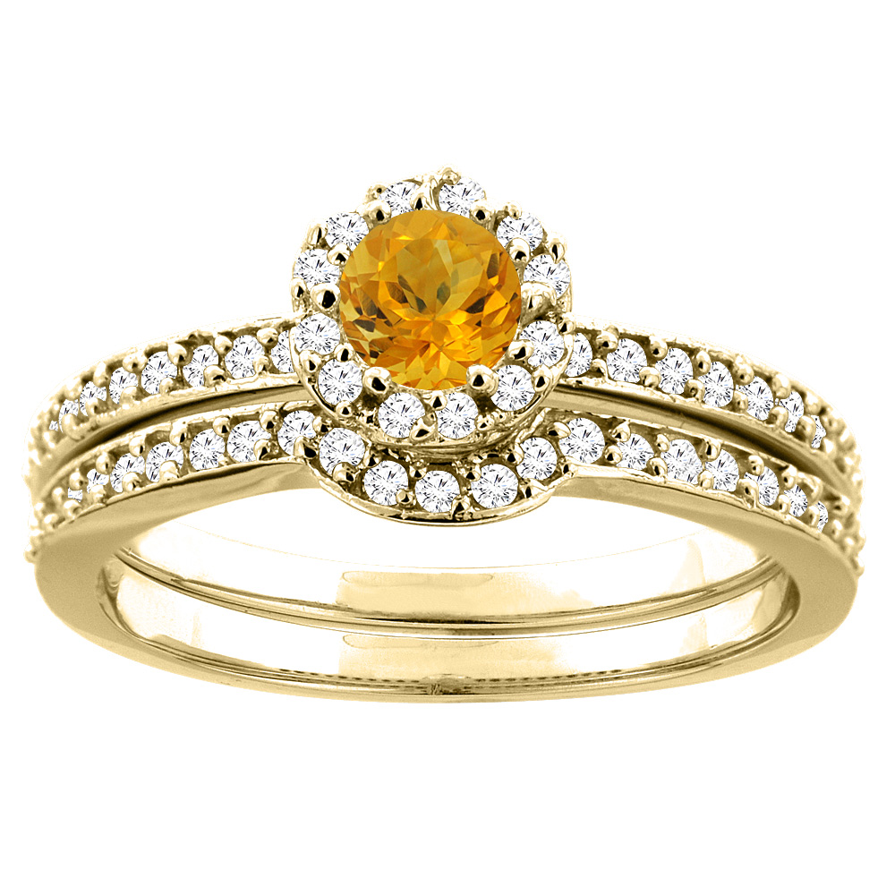 10K Yellow Gold Natural Citrine 2-pc Bridal Ring Set Diamond Accent Round 4mm, sizes 5 - 10