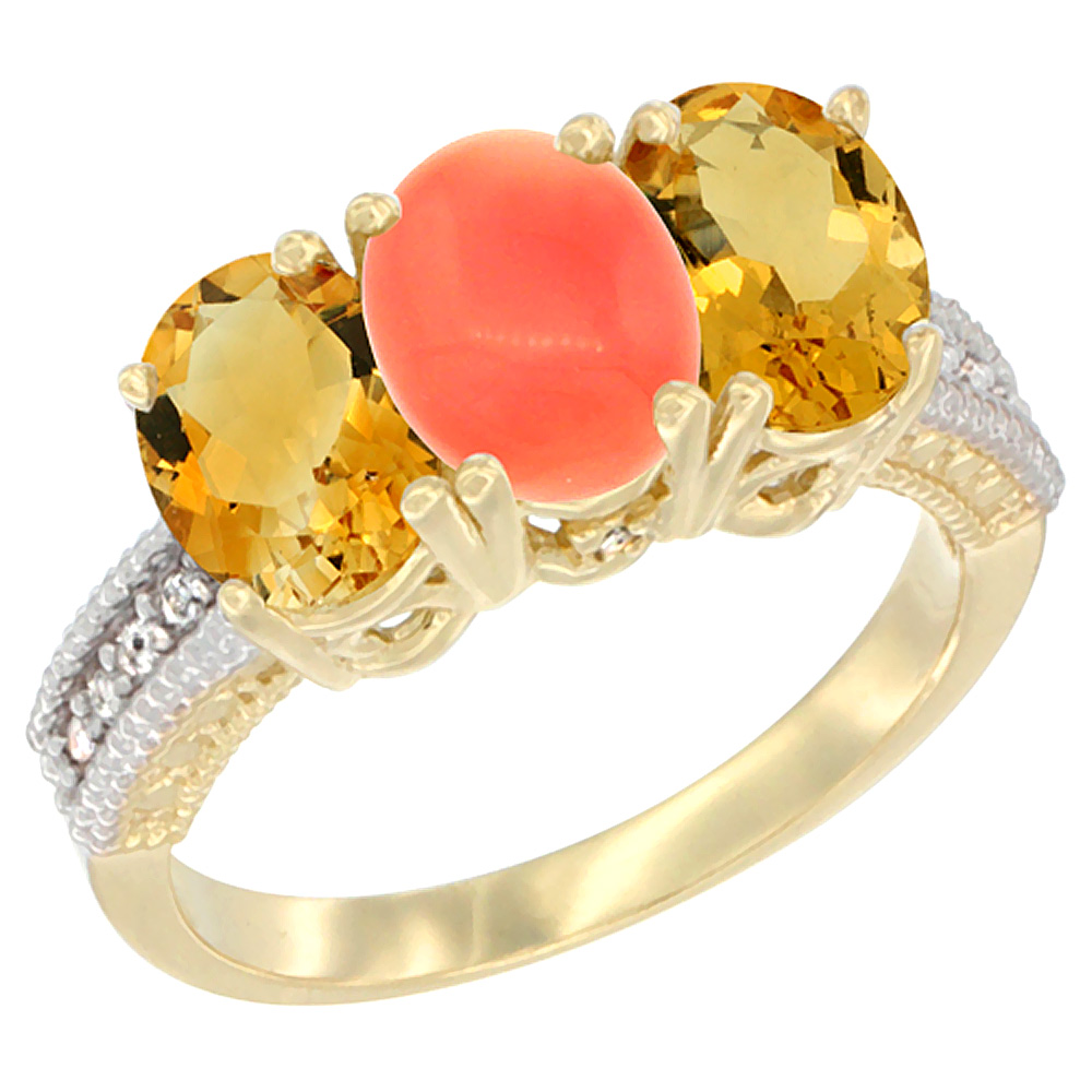 14K Yellow Gold Natural Coral &amp; Citrine Sides Ring 3-Stone 7x5 mm Oval Diamond Accent, sizes 5 - 10