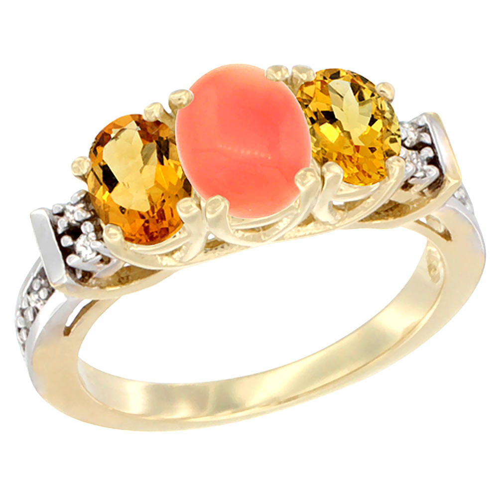 10K Yellow Gold Natural Coral &amp; Citrine Ring 3-Stone Oval Diamond Accent