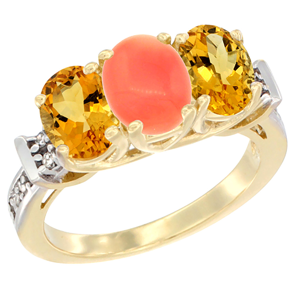 14K Yellow Gold Natural Coral &amp; Citrine Sides Ring 3-Stone Oval Diamond Accent, sizes 5 - 10