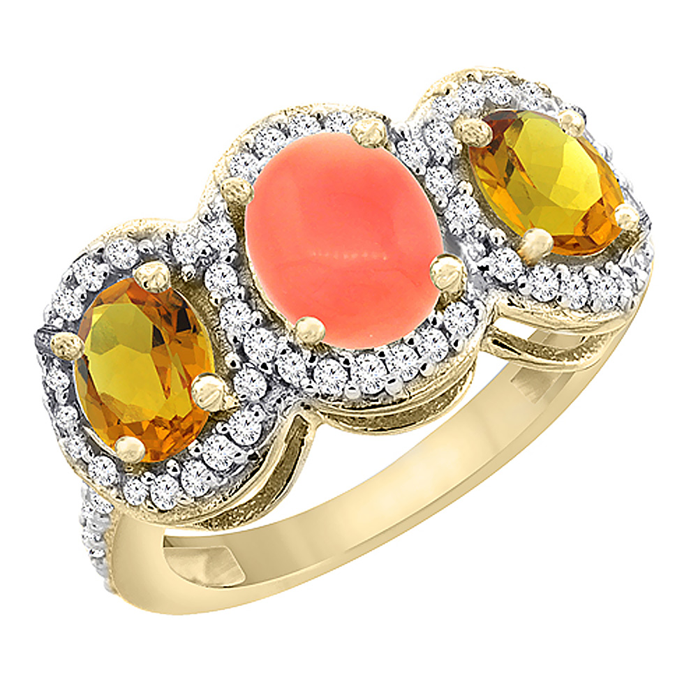 14K Yellow Gold Natural Coral &amp; Citrine 3-Stone Ring Oval Diamond Accent, sizes 5 - 10