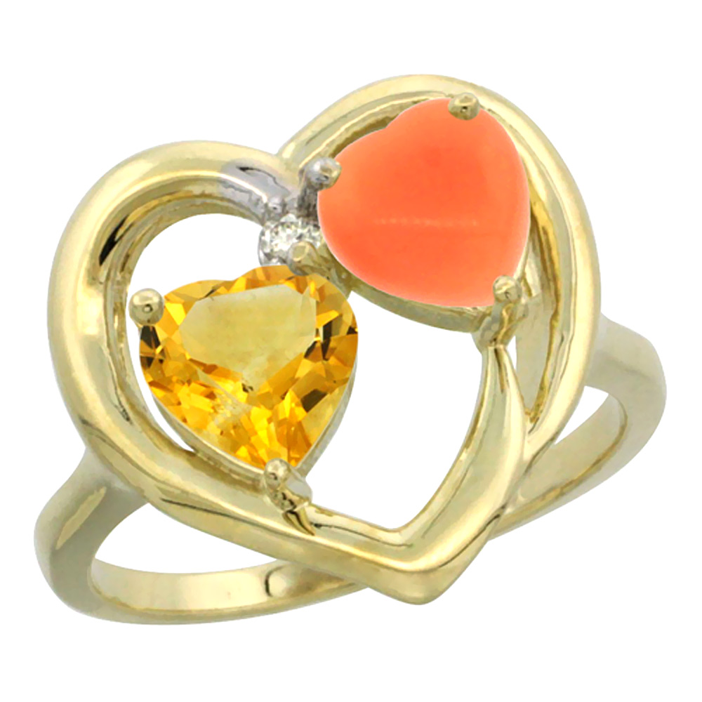 10K Yellow Gold Diamond Two-stone Heart Ring 6mm Natural Citrine & Coral, sizes 5-10