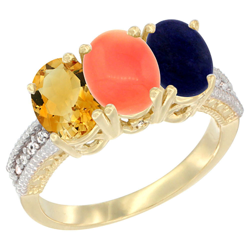 14K Yellow Gold Natural Citrine, Coral &amp; Lapis Ring 3-Stone 7x5 mm Oval Diamond Accent, sizes 5 - 10