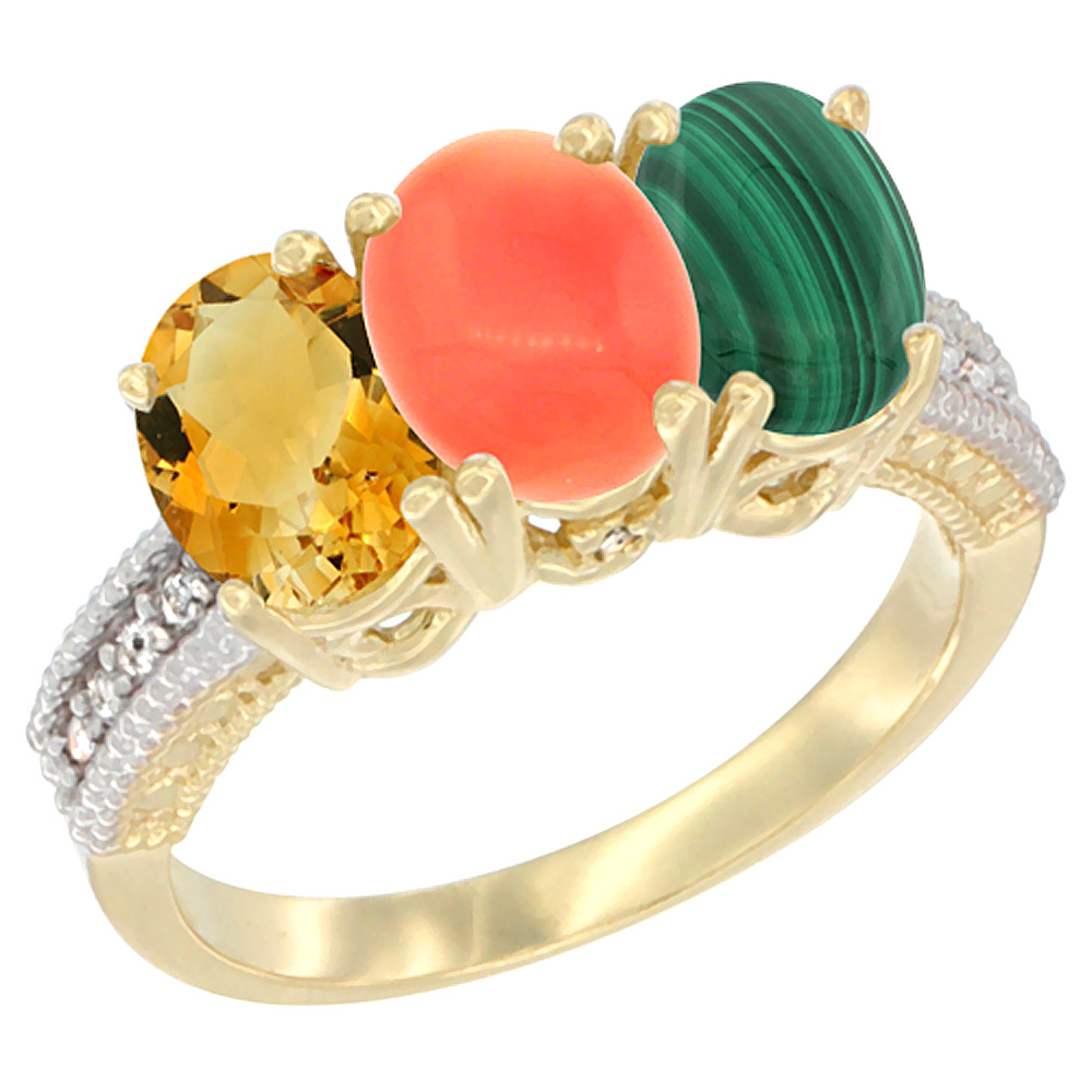 14K Yellow Gold Natural Citrine, Coral & Malachite Ring 3-Stone 7x5 mm Oval Diamond Accent, sizes 5 - 10
