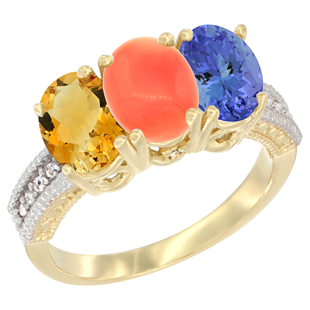 14K Yellow Gold Natural Citrine, Coral & Tanzanite Ring 3-Stone 7x5 mm Oval Diamond Accent, sizes 5 - 10