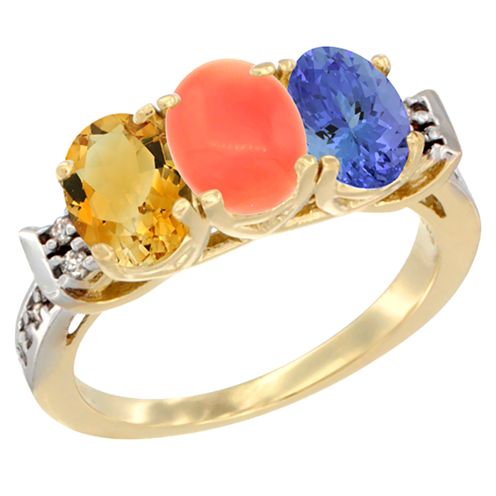 14K Yellow Gold Natural Citrine, Coral &amp; Tanzanite Ring 3-Stone 7x5 mm Oval Diamond Accent, sizes 5 - 10