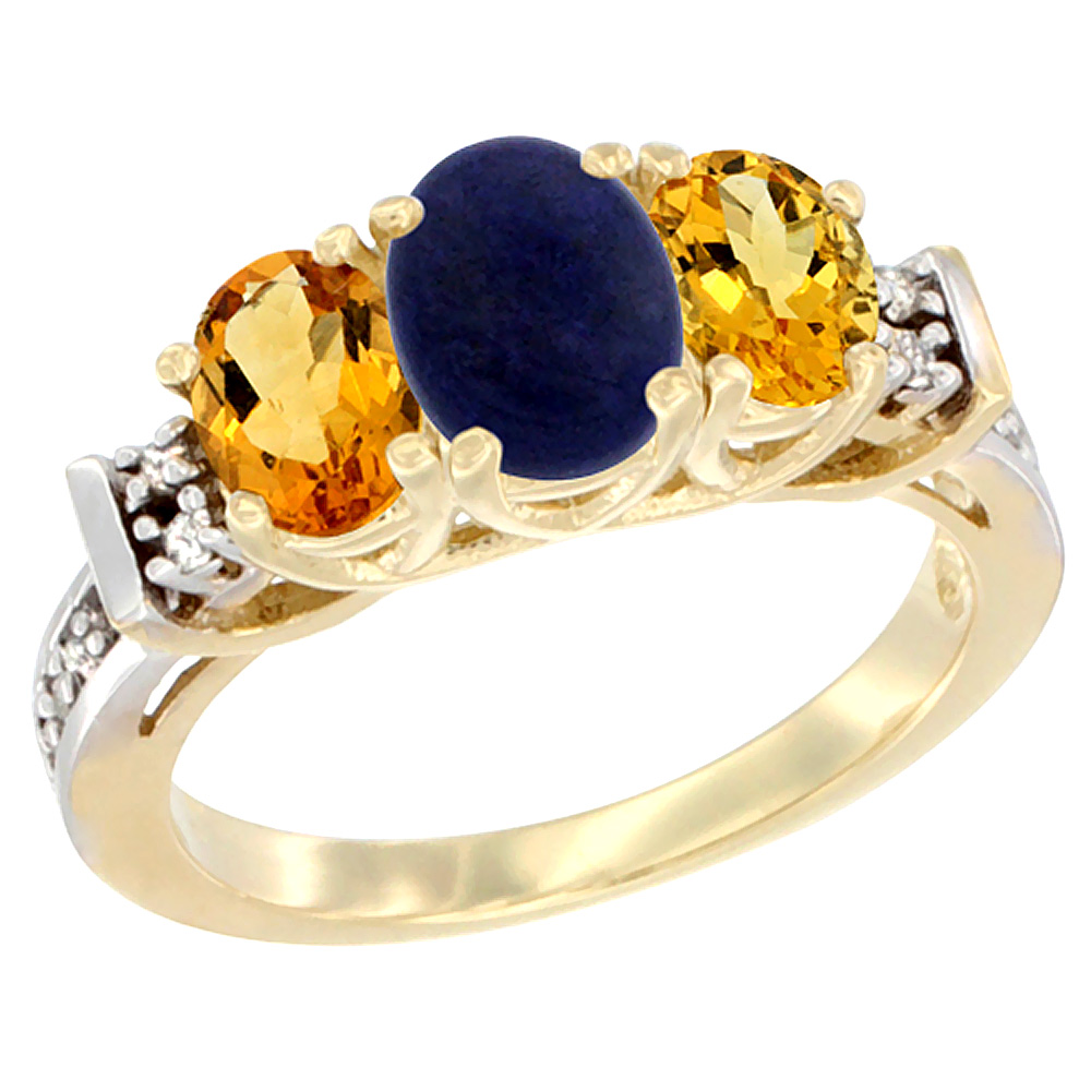 10K Yellow Gold Natural Lapis & Citrine Ring 3-Stone Oval Diamond Accent