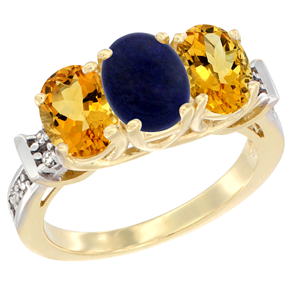 14K Yellow Gold Natural Lapis & Citrine Sides Ring 3-Stone Oval Diamond Accent, sizes 5 - 10