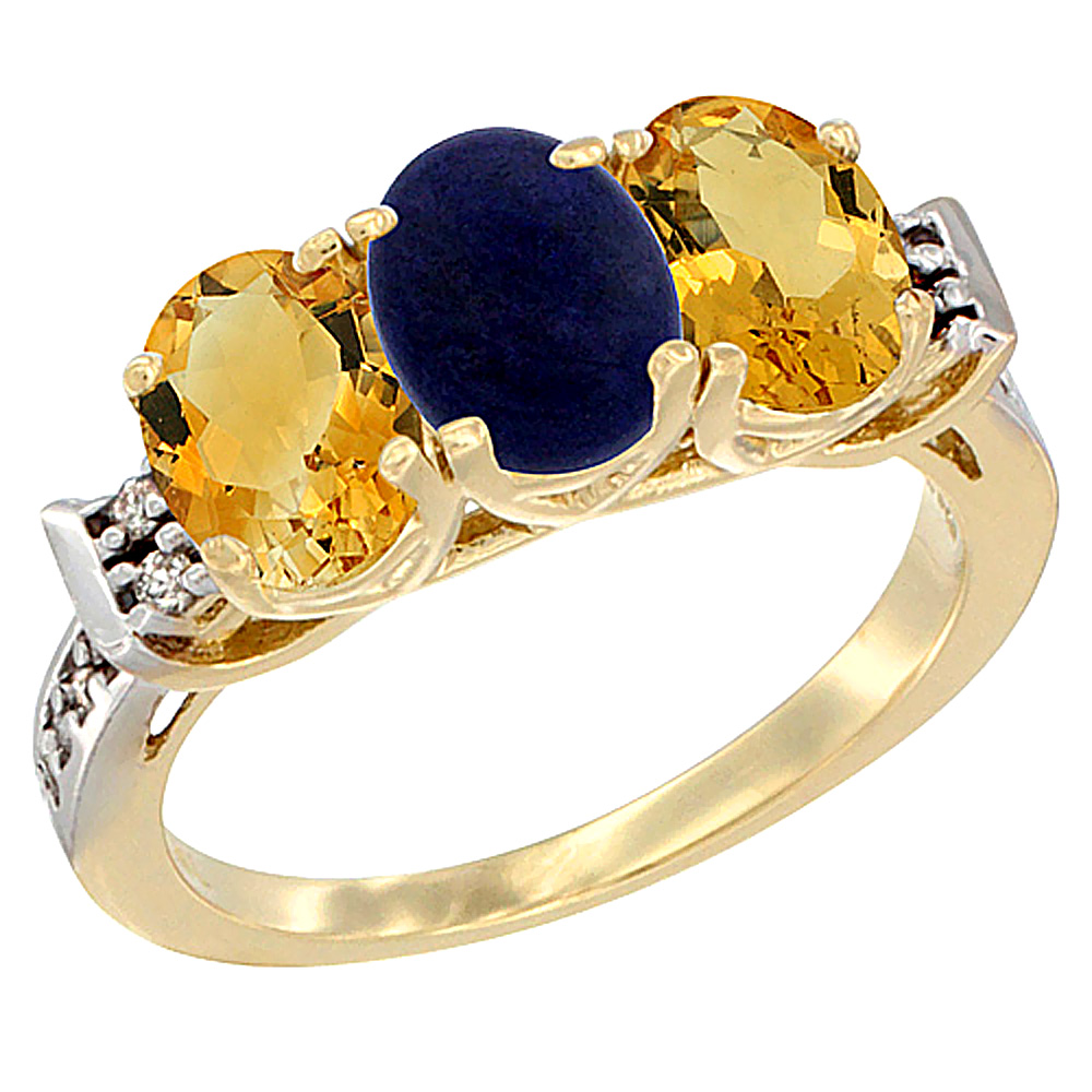 14K Yellow Gold Natural Lapis &amp; Citrine Sides Ring 3-Stone 7x5 mm Oval Diamond Accent, sizes 5 - 10
