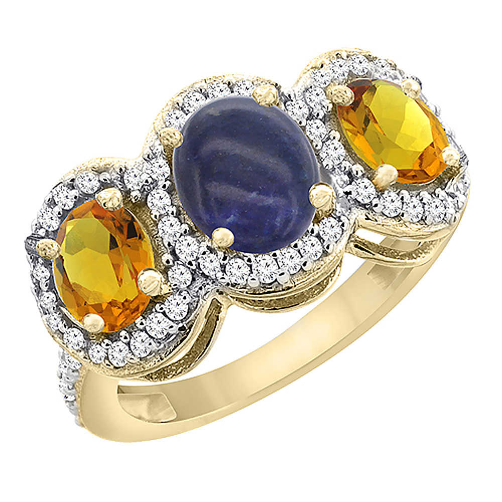 10K Yellow Gold Natural Lapis &amp; Citrine 3-Stone Ring Oval Diamond Accent, sizes 5 - 10