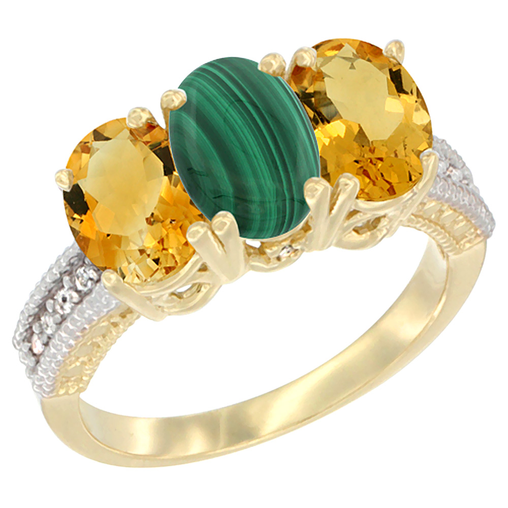 14K Yellow Gold Natural Malachite &amp; Citrine Sides Ring 3-Stone 7x5 mm Oval Diamond Accent, sizes 5 - 10