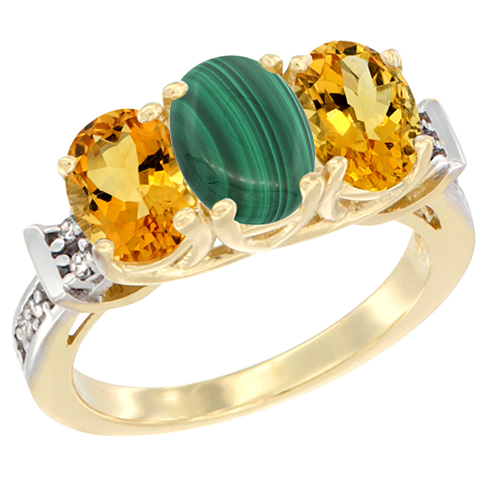 14K Yellow Gold Natural Malachite & Citrine Sides Ring 3-Stone Oval Diamond Accent, sizes 5 - 10