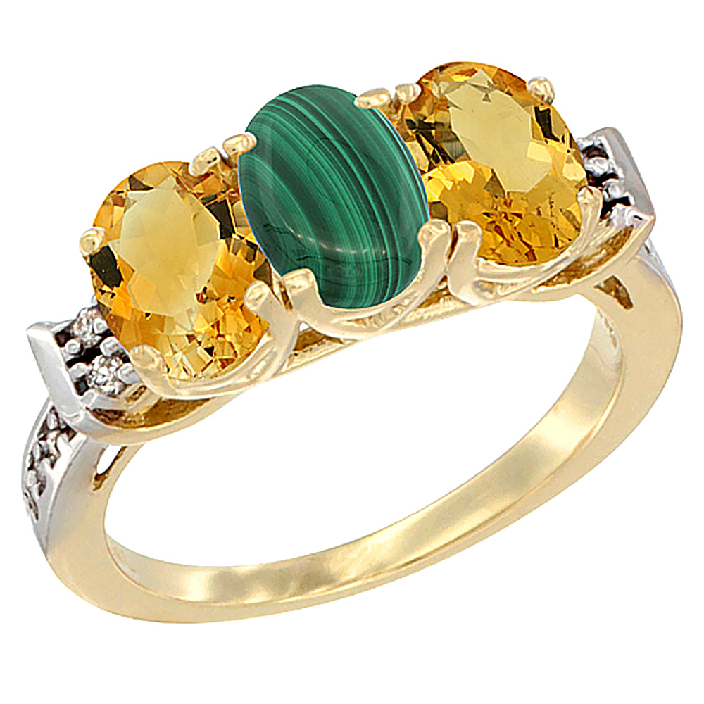 10K Yellow Gold Natural Malachite & Citrine Sides Ring 3-Stone Oval 7x5 mm Diamond Accent, sizes 5 - 10