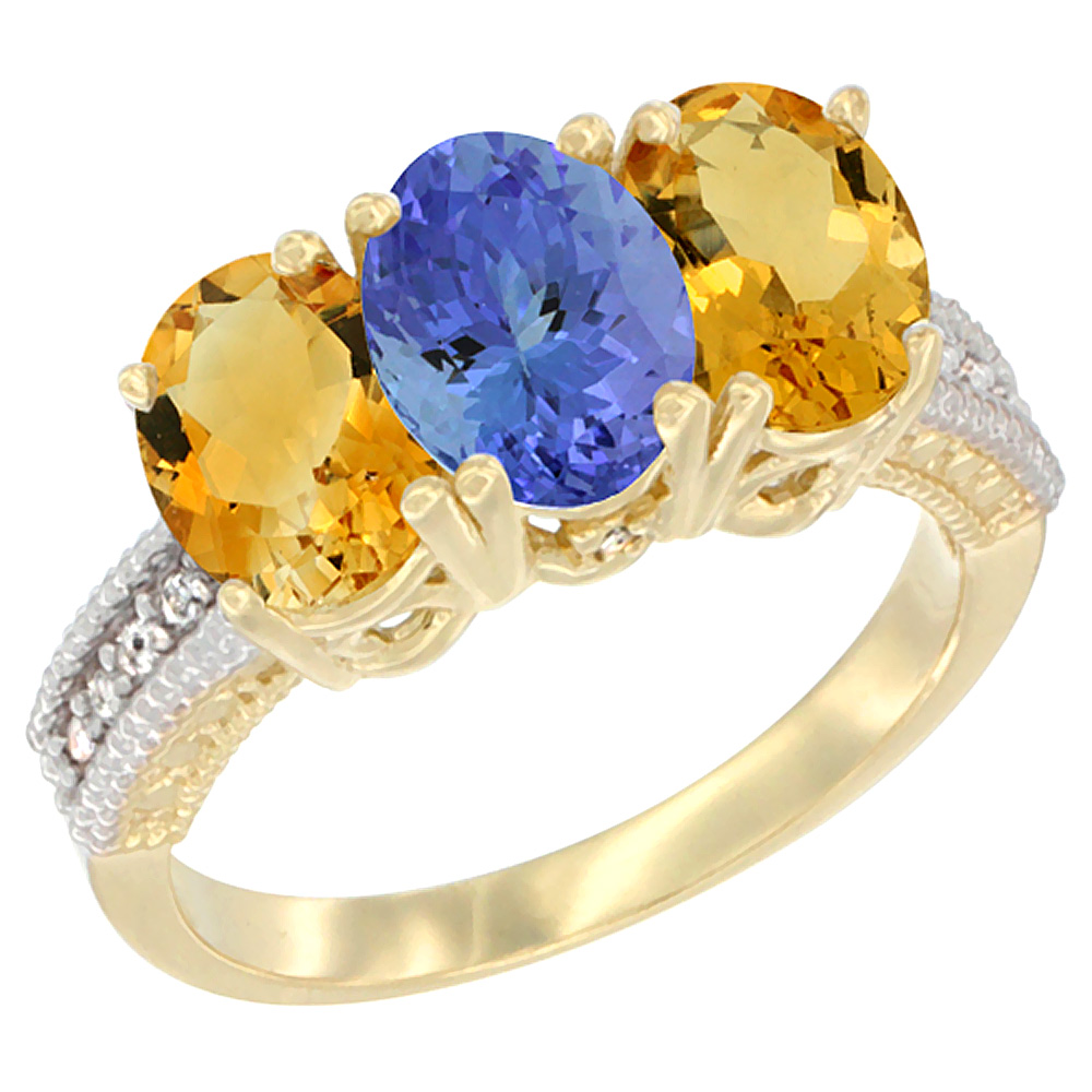 14K Yellow Gold Natural Tanzanite &amp; Citrine Sides Ring 3-Stone 7x5 mm Oval Diamond Accent, sizes 5 - 10
