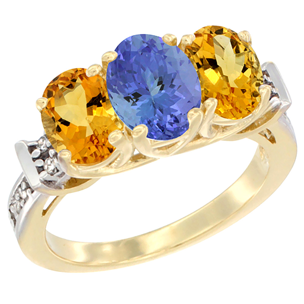 14K Yellow Gold Natural Tanzanite & Citrine Sides Ring 3-Stone Oval Diamond Accent, sizes 5 - 10