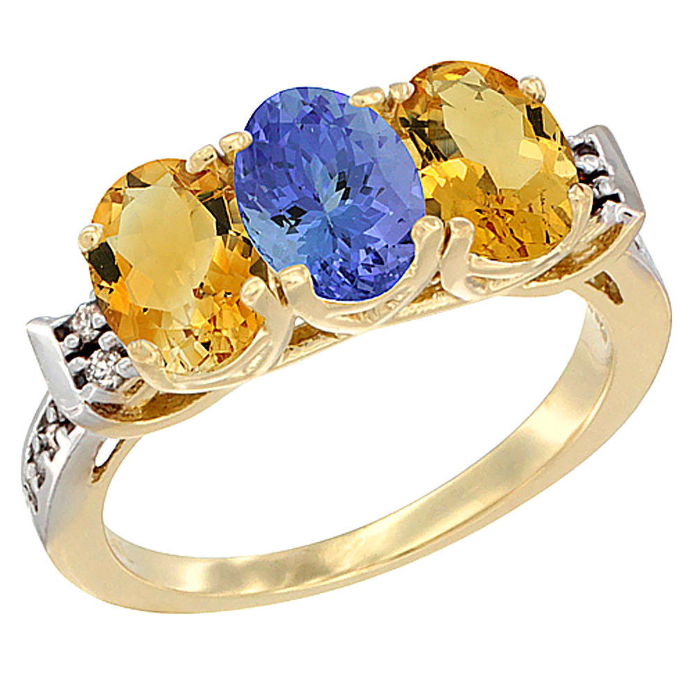 14K Yellow Gold Natural Tanzanite & Citrine Sides Ring 3-Stone 7x5 mm Oval Diamond Accent, sizes 5 - 10