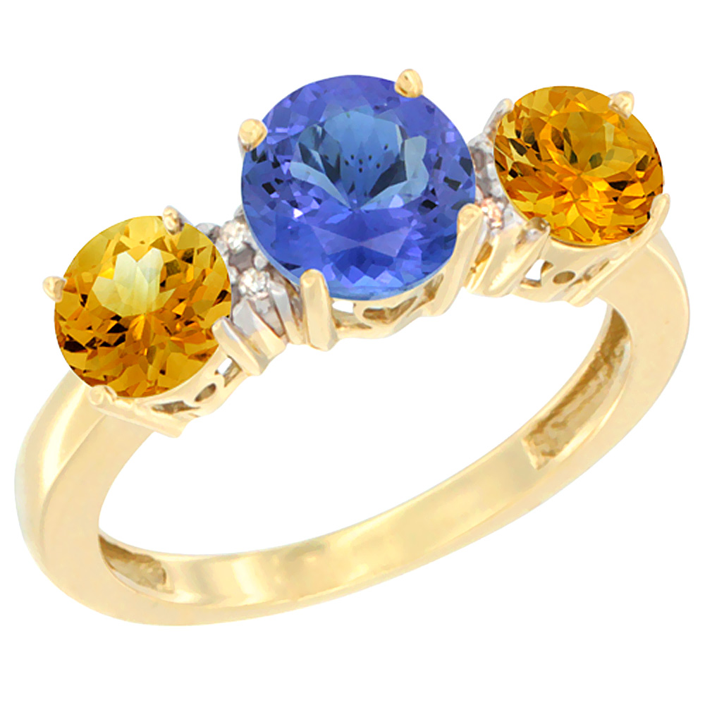 14K Yellow Gold Round 3-Stone Natural Tanzanite Ring & Citrine Sides Diamond Accent, sizes 5 - 10