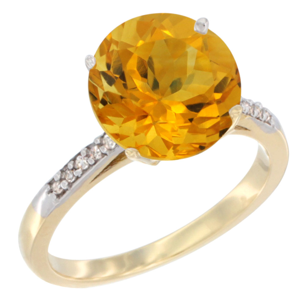 10K Yellow Gold Natural Citrine Ring Round 10mm Diamond accent, sizes 5 - 10