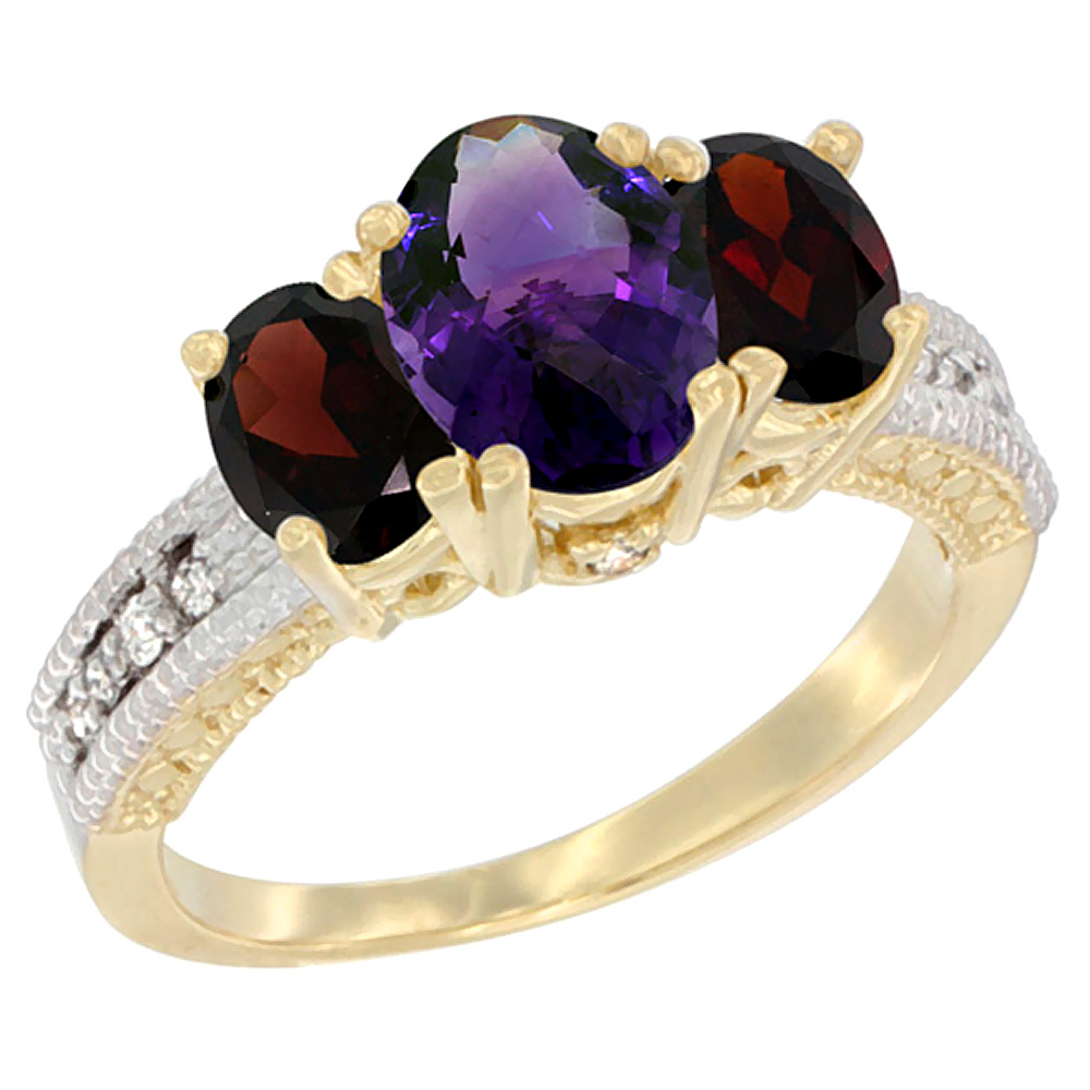 14K Yellow Gold Diamond Natural Amethyst Ring Oval 3-stone with Garnet, sizes 5 - 10