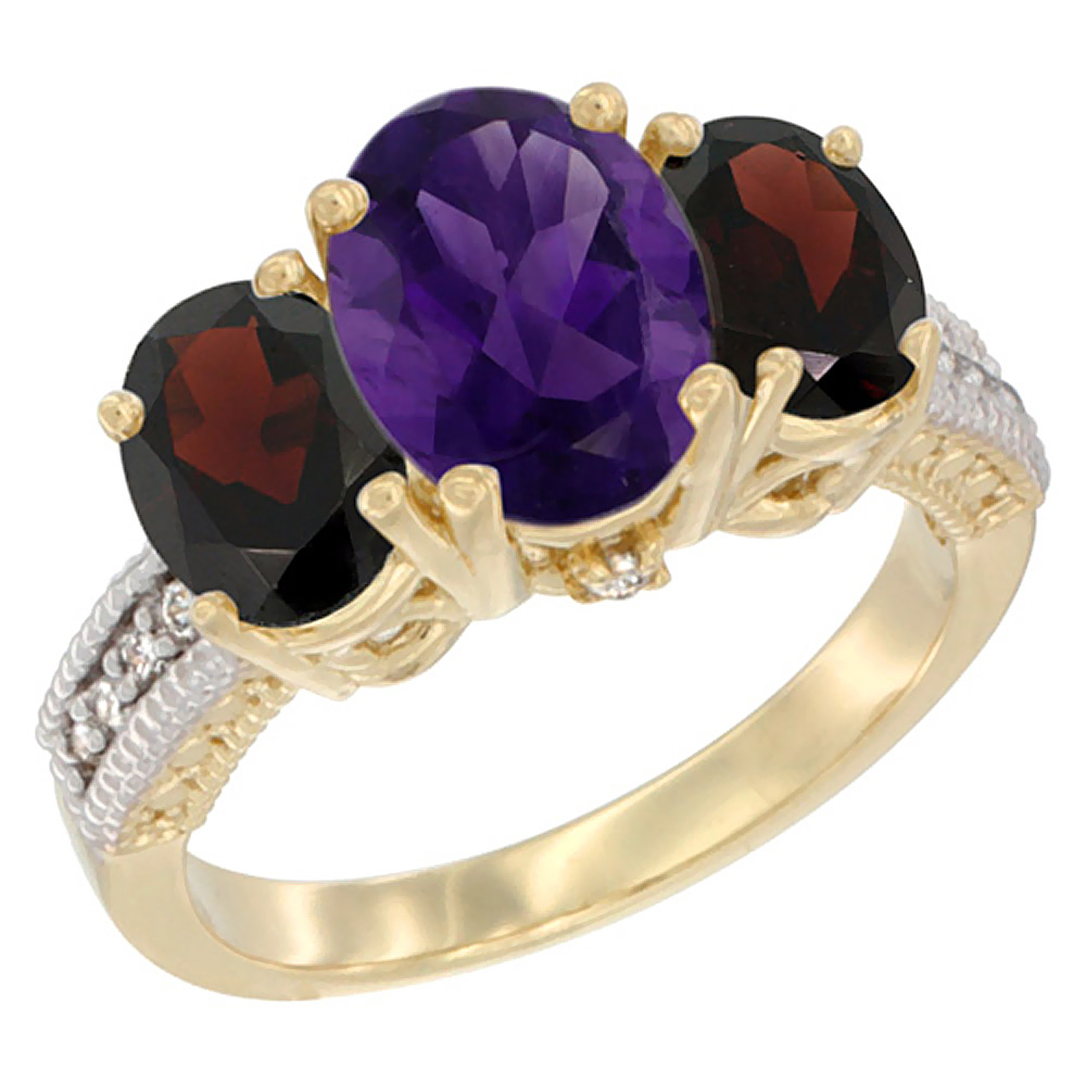 10K Yellow Gold Diamond Natural Amethyst Ring 3-Stone Oval 8x6mm with Garnet, sizes5-10