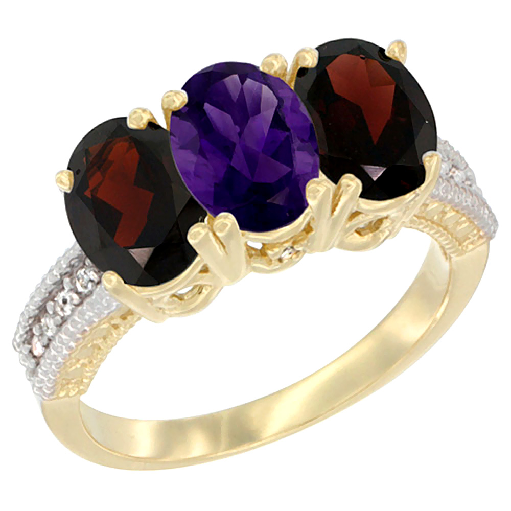 14K Yellow Gold Natural Amethyst & Garnet Sides Ring 3-Stone 7x5 mm Oval Diamond Accent, sizes 5 - 10
