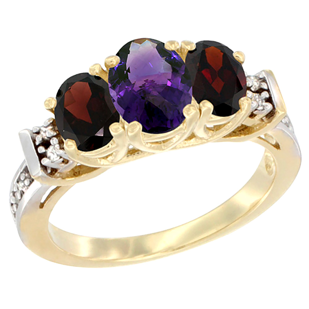 14K Yellow Gold Natural Amethyst &amp; Garnet Ring 3-Stone Oval Diamond Accent