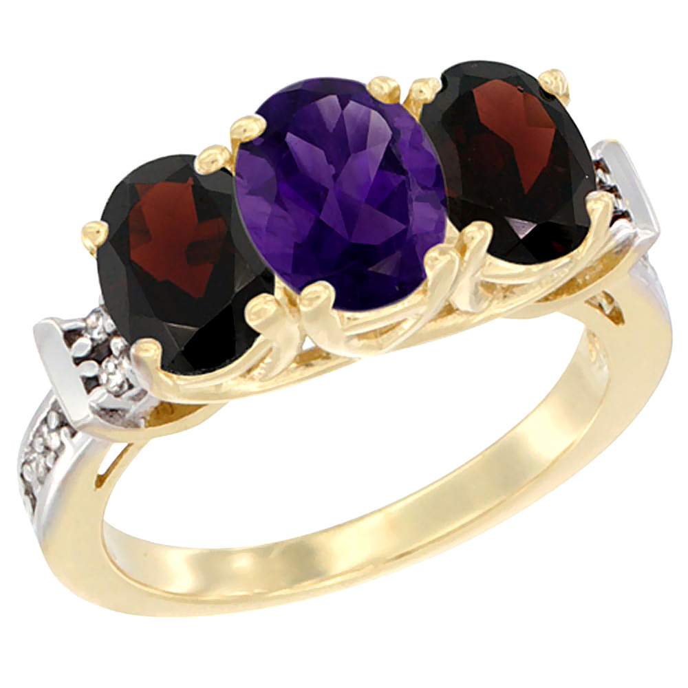 10K Yellow Gold Natural Amethyst &amp; Garnet Sides Ring 3-Stone Oval Diamond Accent, sizes 5 - 10