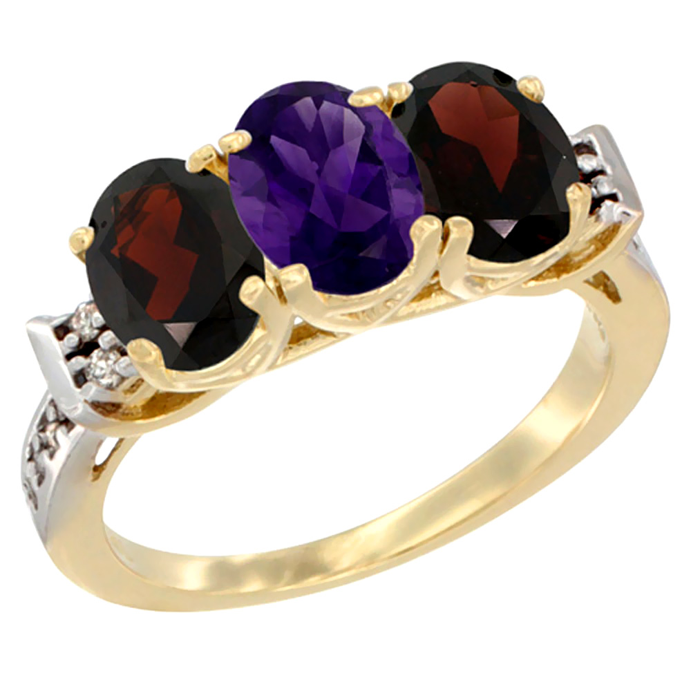 10K Yellow Gold Natural Amethyst &amp; Garnet Sides Ring 3-Stone Oval 7x5 mm Diamond Accent, sizes 5 - 10