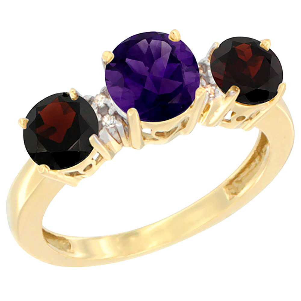 14K Yellow Gold Round 3-Stone Natural Amethyst Ring &amp; Garnet Sides Diamond Accent, sizes 5 - 10