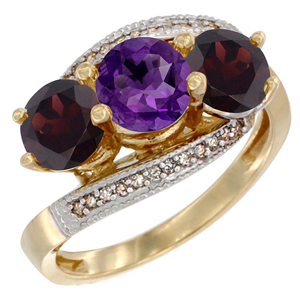 10K Yellow Gold Natural Amethyst & Garnet Sides 3 stone Ring Round 6mm Diamond Accent, sizes 5 - 10