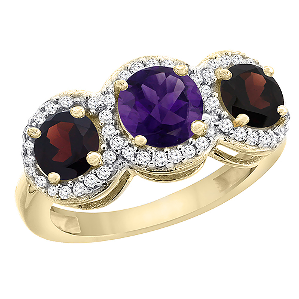 10K Yellow Gold Natural Amethyst &amp; Garnet Sides Round 3-stone Ring Diamond Accents, sizes 5 - 10