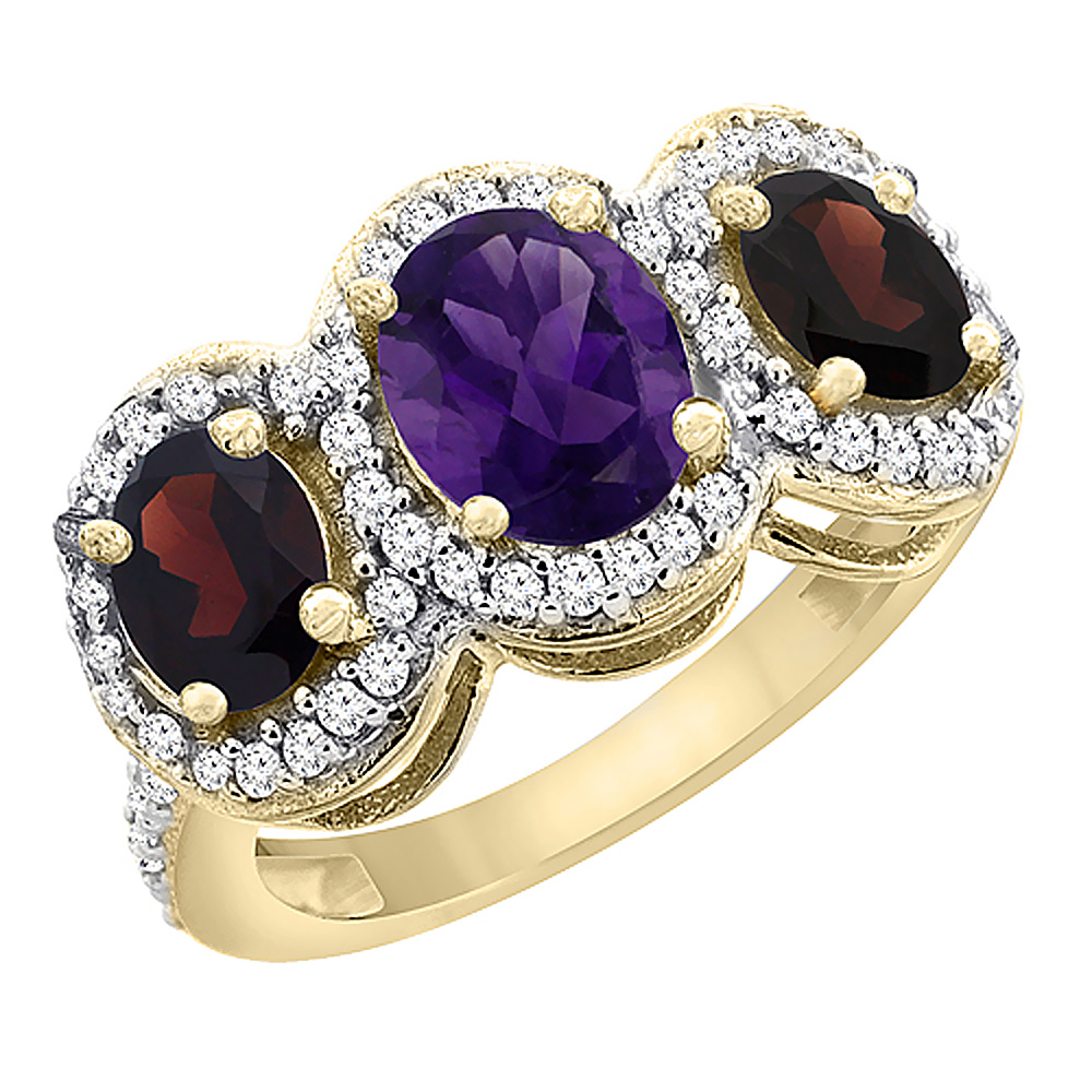 14K Yellow Gold Natural Amethyst &amp; Garnet 3-Stone Ring Oval Diamond Accent, sizes 5 - 10