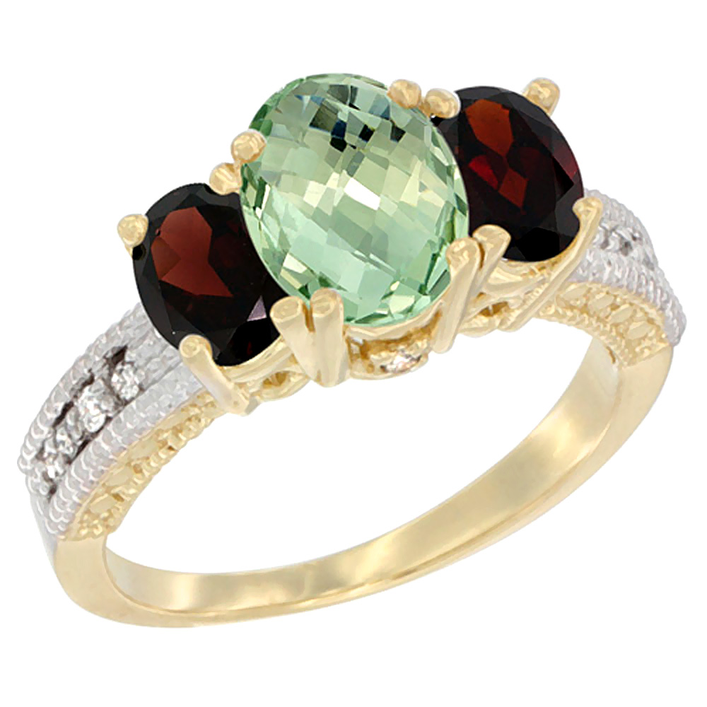 10K Yellow Gold Diamond Natural Green Amethyst Ring Oval 3-stone with Garnet, sizes 5 - 10