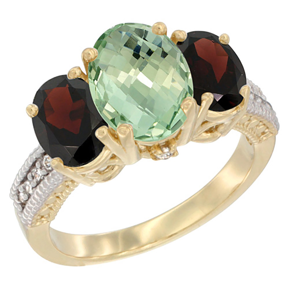 14K Yellow Gold Diamond Natural Green Amethyst Ring 3-Stone Oval 8x6mm with Garnet, sizes5-10