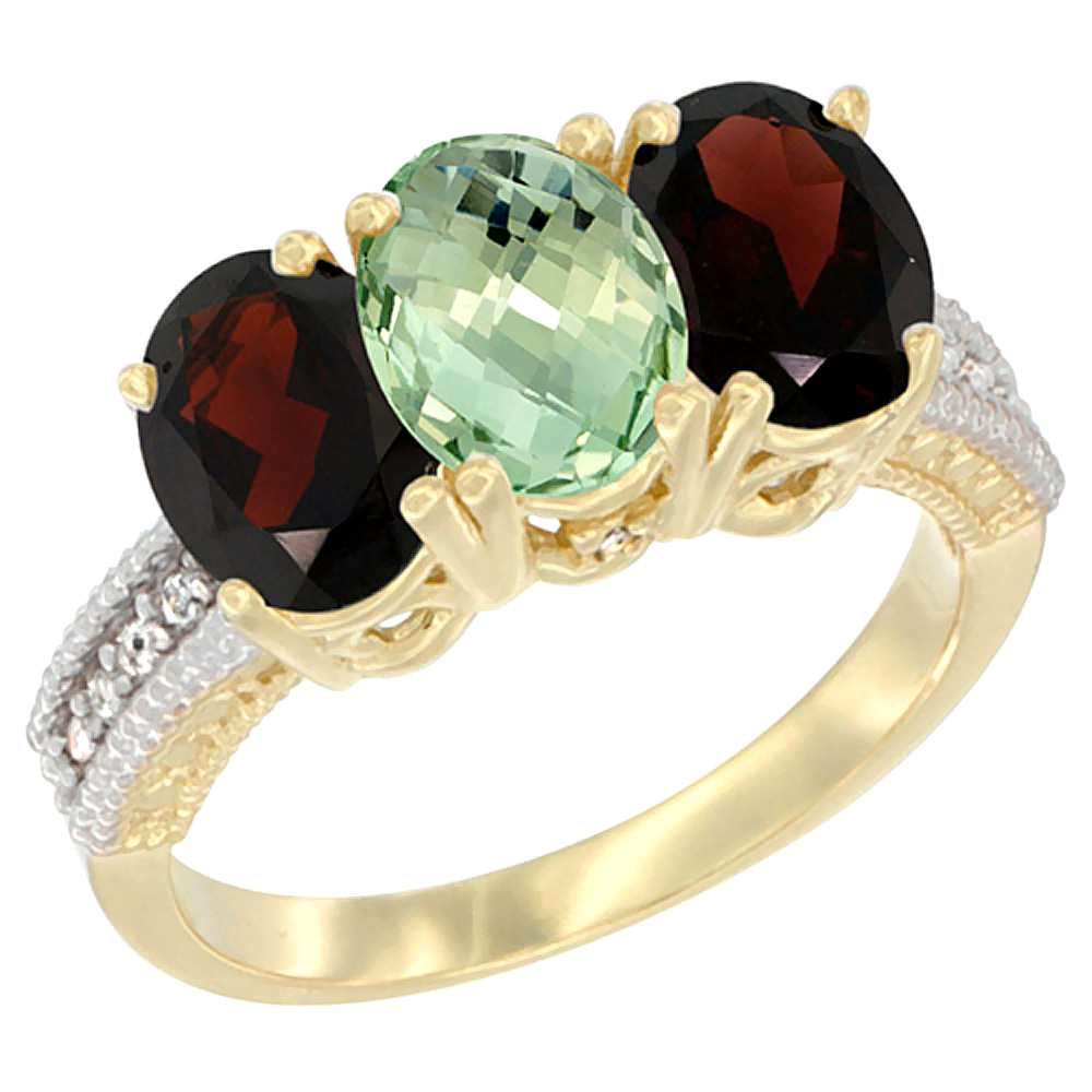14K Yellow Gold Natural Green Amethyst &amp; Garnet Sides Ring 3-Stone 7x5 mm Oval Diamond Accent, sizes 5 - 10