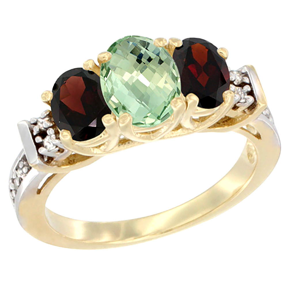 10K Yellow Gold Natural Green Amethyst &amp; Garnet Ring 3-Stone Oval Diamond Accent