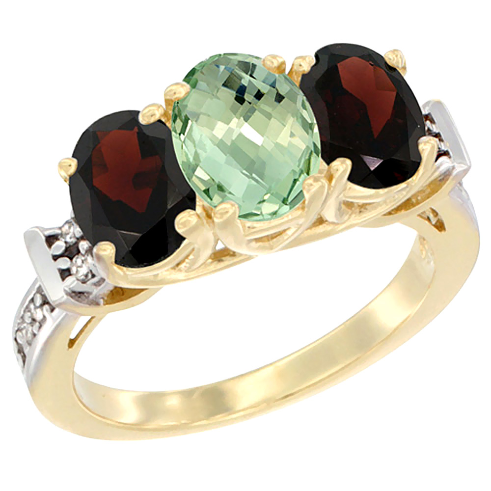 14K Yellow Gold Natural Green Amethyst & Garnet Sides Ring 3-Stone Oval Diamond Accent, sizes 5 - 10