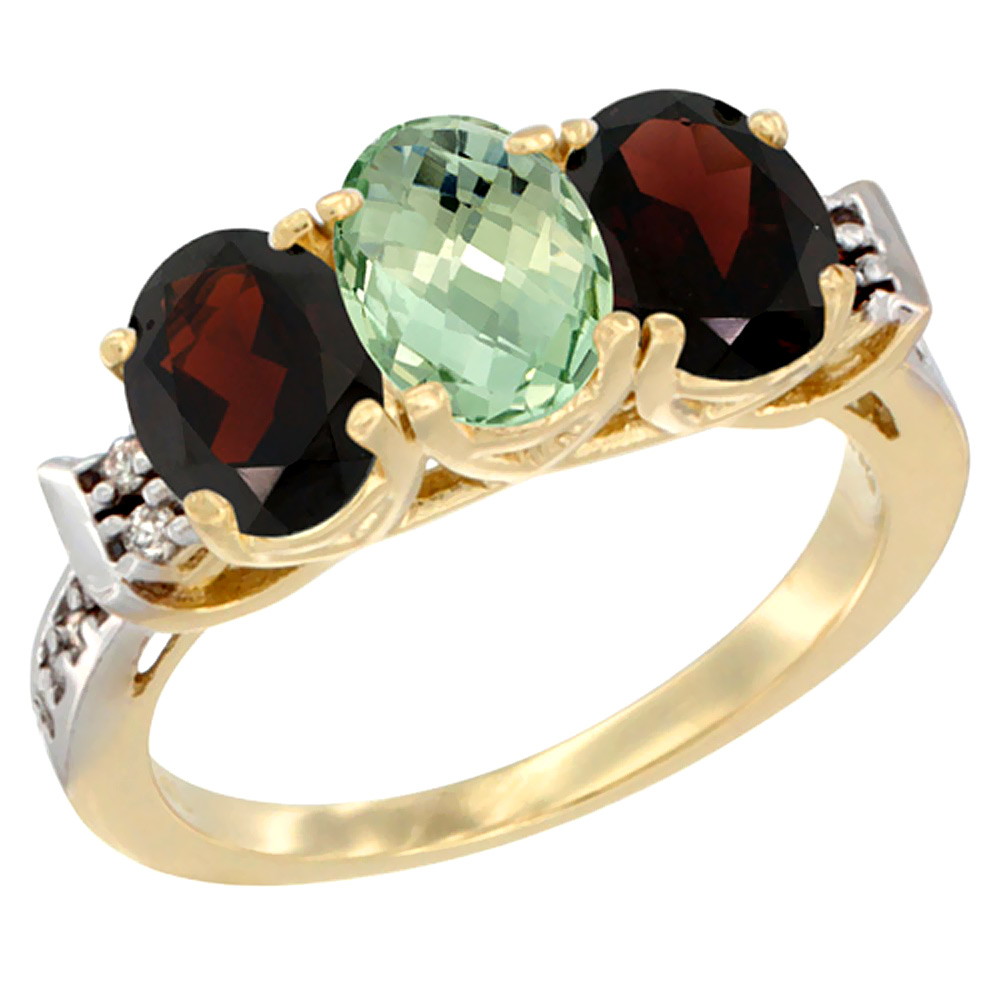 10K Yellow Gold Natural Green Amethyst &amp; Garnet Sides Ring 3-Stone Oval 7x5 mm Diamond Accent, sizes 5 - 10