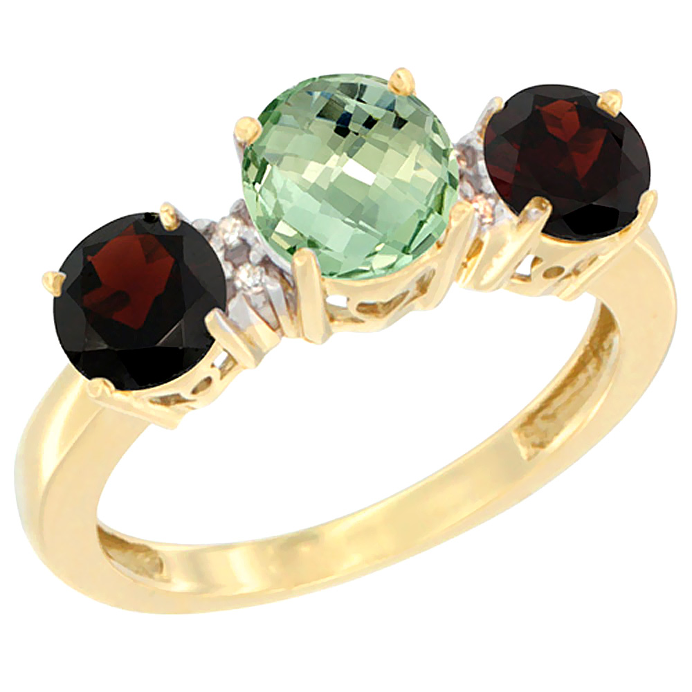 14K Yellow Gold Round 3-Stone Natural Green Amethyst Ring & Garnet Sides Diamond Accent, sizes 5 - 10