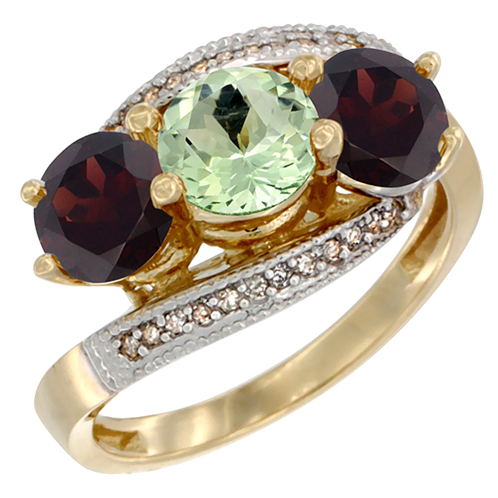 10K Yellow Gold Natural Green Amethyst & Garnet Sides 3 stone Ring Round 6mm Diamond Accent, sizes 5 - 10