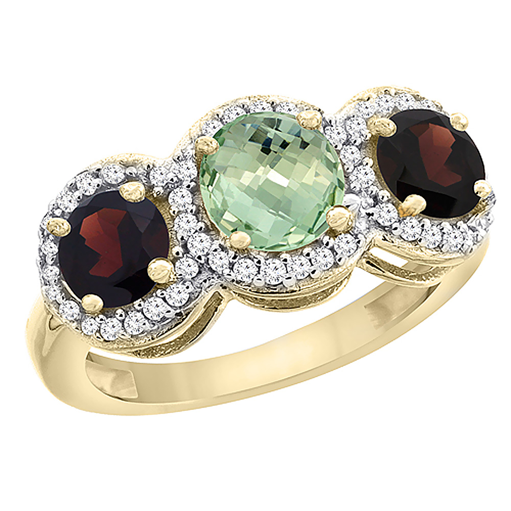 10K Yellow Gold Natural Green Amethyst & Garnet Sides Round 3-stone Ring Diamond Accents, sizes 5 - 10