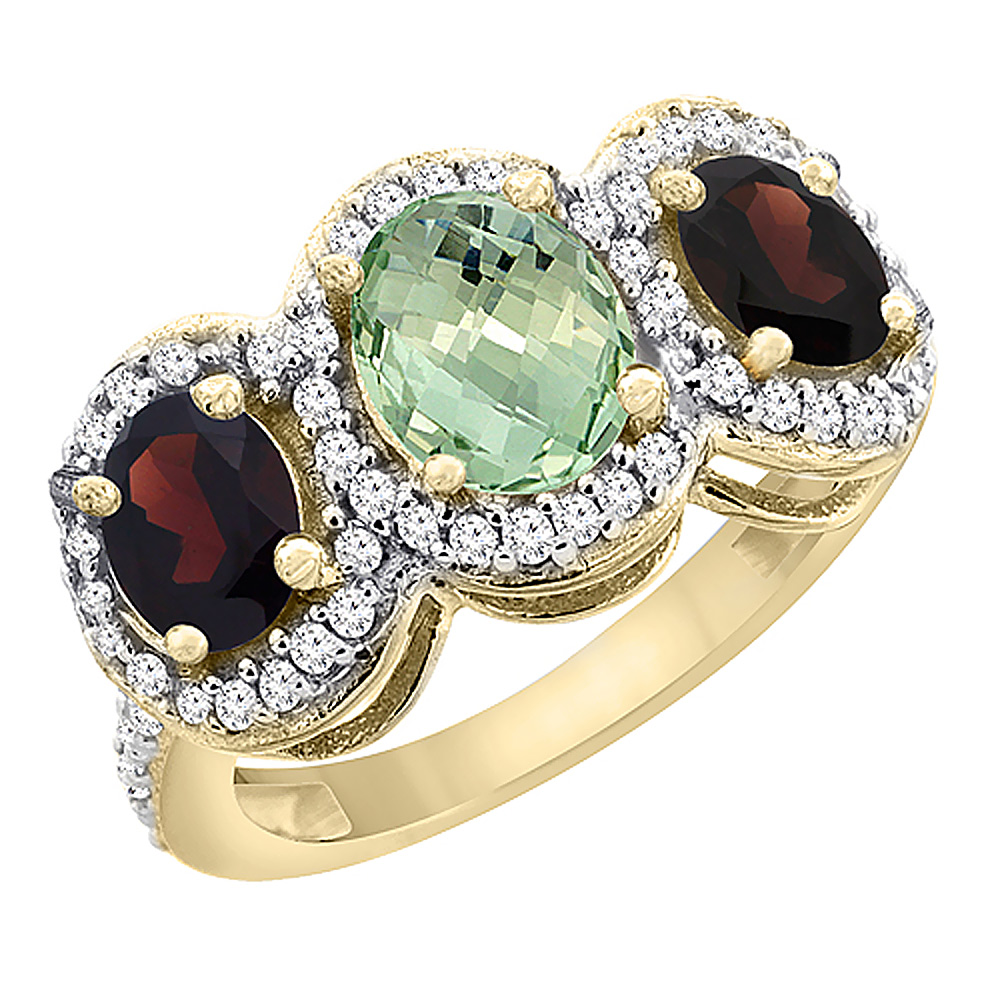 10K Yellow Gold Natural Green Amethyst & Garnet 3-Stone Ring Oval Diamond Accent, sizes 5 - 10