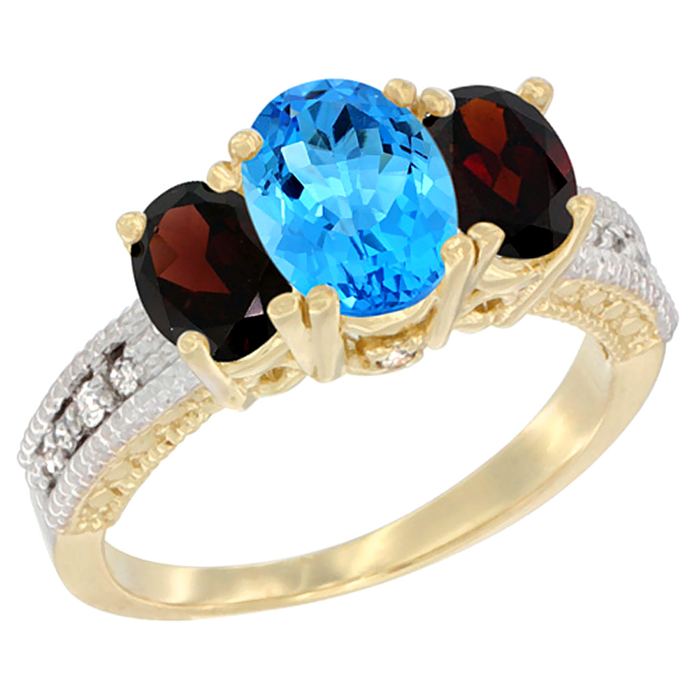 14K Yellow Gold Diamond Natural Swiss Blue Topaz Ring Oval 3-stone with Garnet, sizes 5 - 10