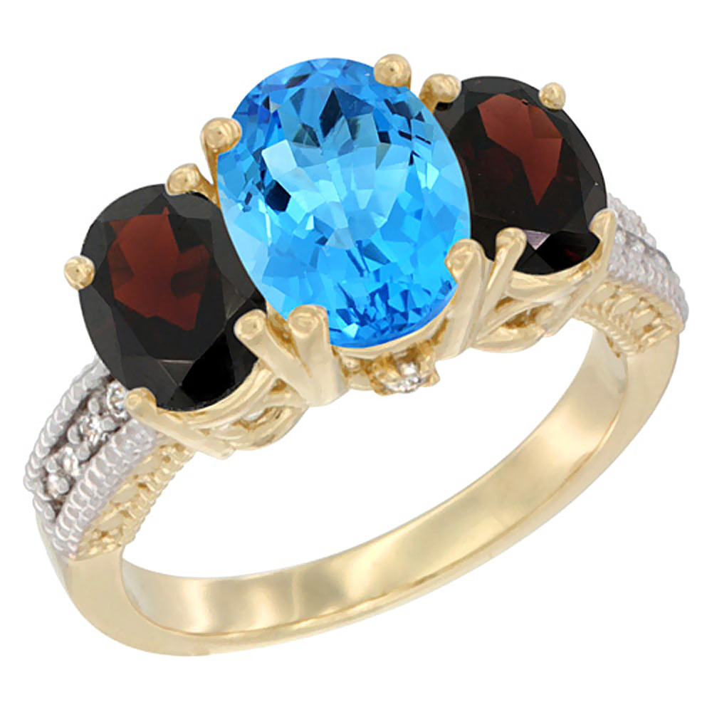 10K Yellow Gold Diamond Natural Swiss Blue Topaz Ring 3-Stone Oval 8x6mm with Garnet, sizes5-10