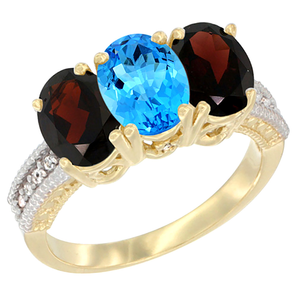 10K Yellow Gold Diamond Natural Swiss Blue Topaz &amp; Garnet Ring 3-Stone 7x5 mm Oval, sizes 5 - 10