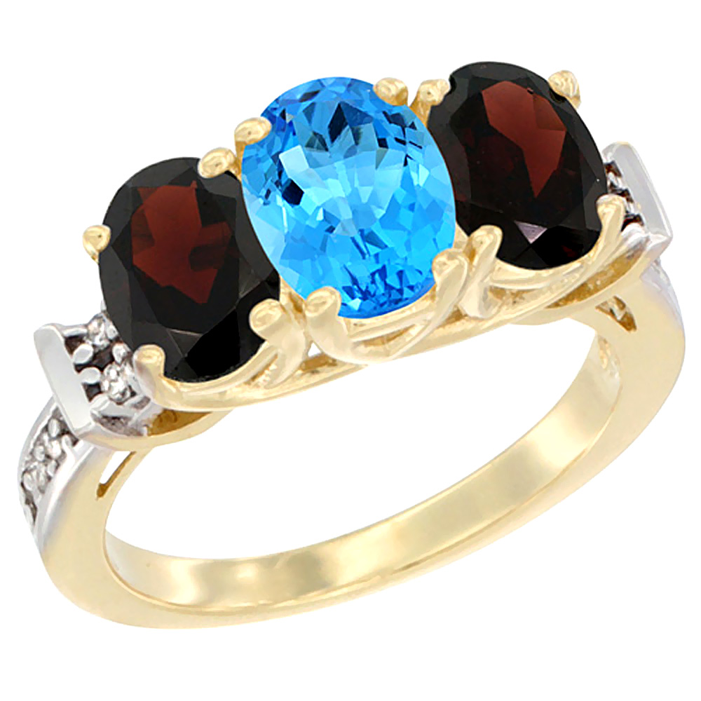 14K Yellow Gold Natural Swiss Blue Topaz & Garnet Sides Ring 3-Stone Oval Diamond Accent, sizes 5 - 10