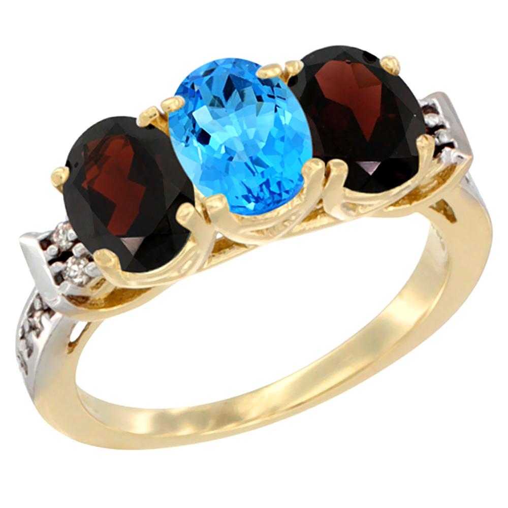 10K Yellow Gold Natural Swiss Blue Topaz &amp; Garnet Sides Ring 3-Stone Oval 7x5 mm Diamond Accent, sizes 5 - 10